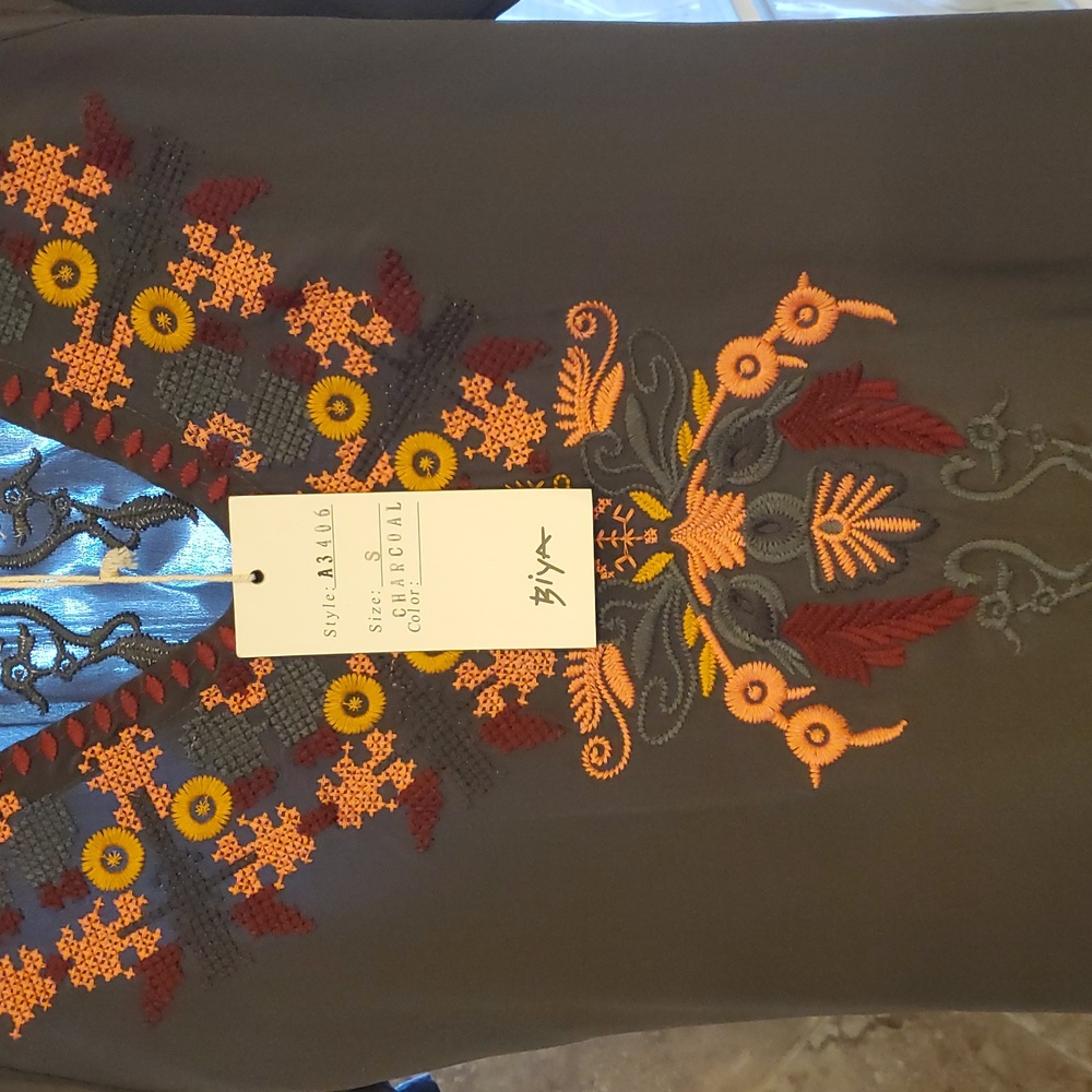 Johnny Was Biya Silk Charcoal Long Top with Beautiful Embroidery NWT